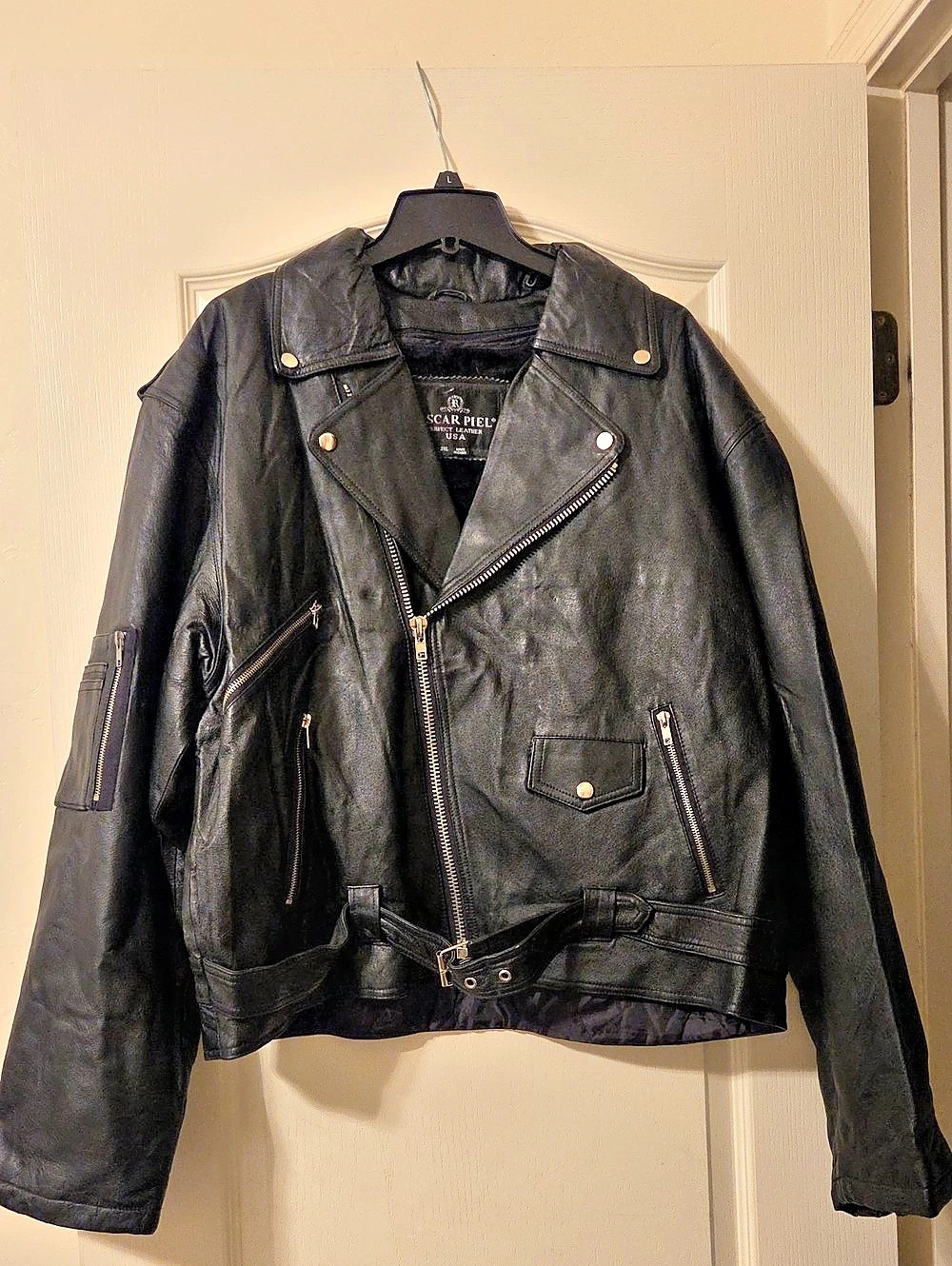 Oscar Piel Black Leather Moto Jacket 2XL